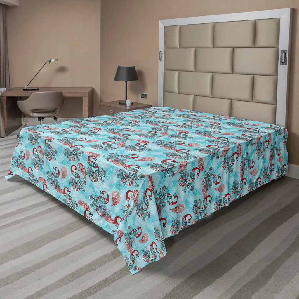 Drap Plat Décoratif Paon en Tissu Doux et Confortable 244x205cm Bleu Rouge
