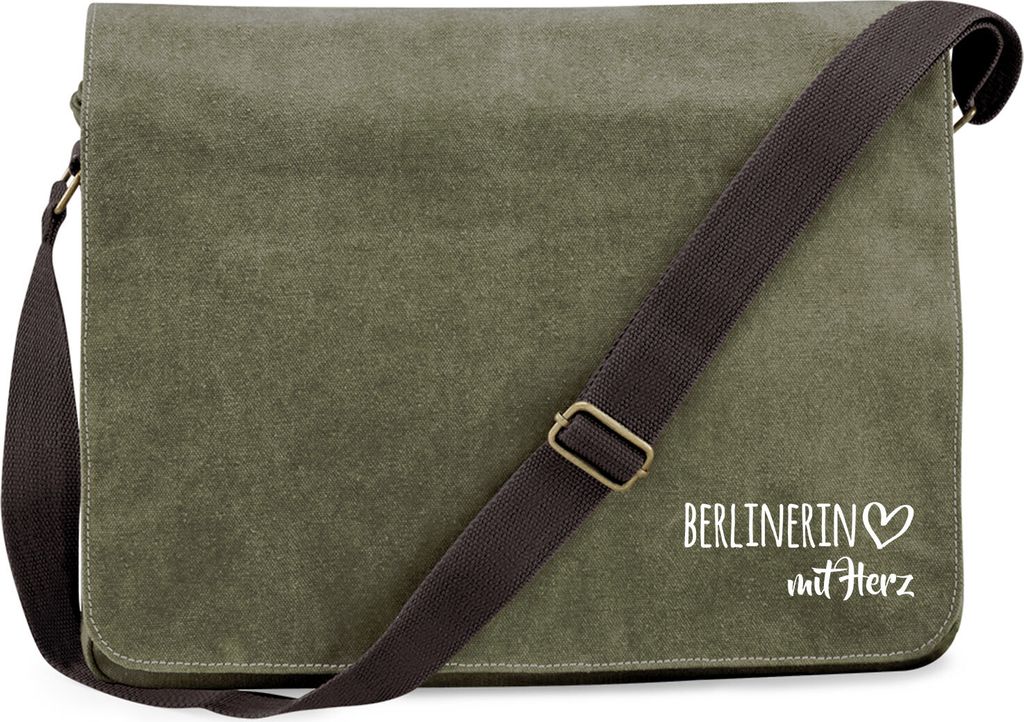 Huuraa Umhängetasche Berlinerin mit Herz 14 Liter Military Green Canvas Laptoptasche Geschenkidee