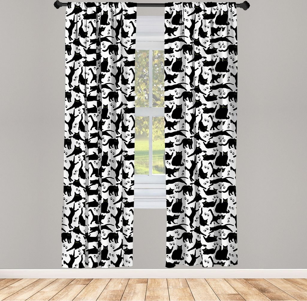 ABAKUHAUS Katze Vorhänge, Gardinen, Schwarze Katzen mit gelben Augen in den verschiedenen Positionen Tatzen-Spuren Spielerisches katzenartiges Tie...
