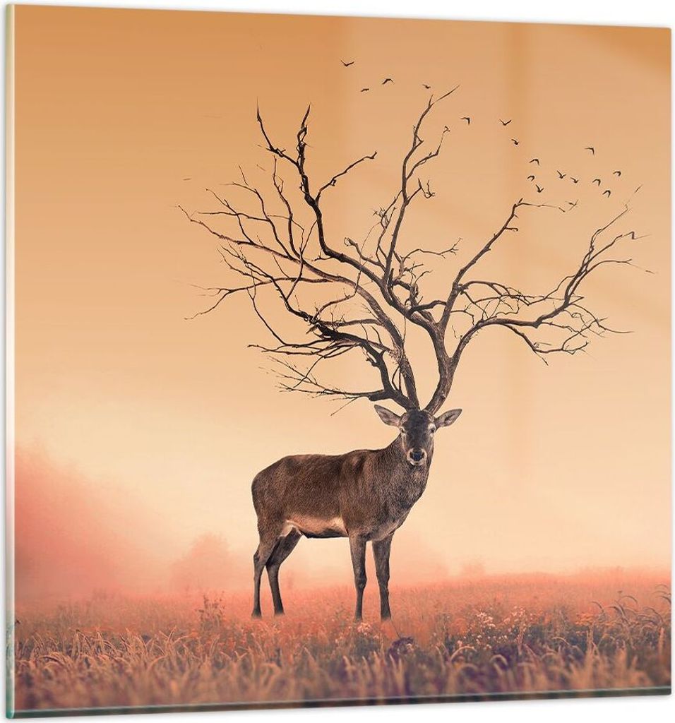 Bilder auf glas - Hirsch Baum Nebel Wald - 40x40cm - Glasbilder - Wandbilder - Kunstdruck - zum Aufhängen bereit - Wanddekoration aus Glas - Glas ...