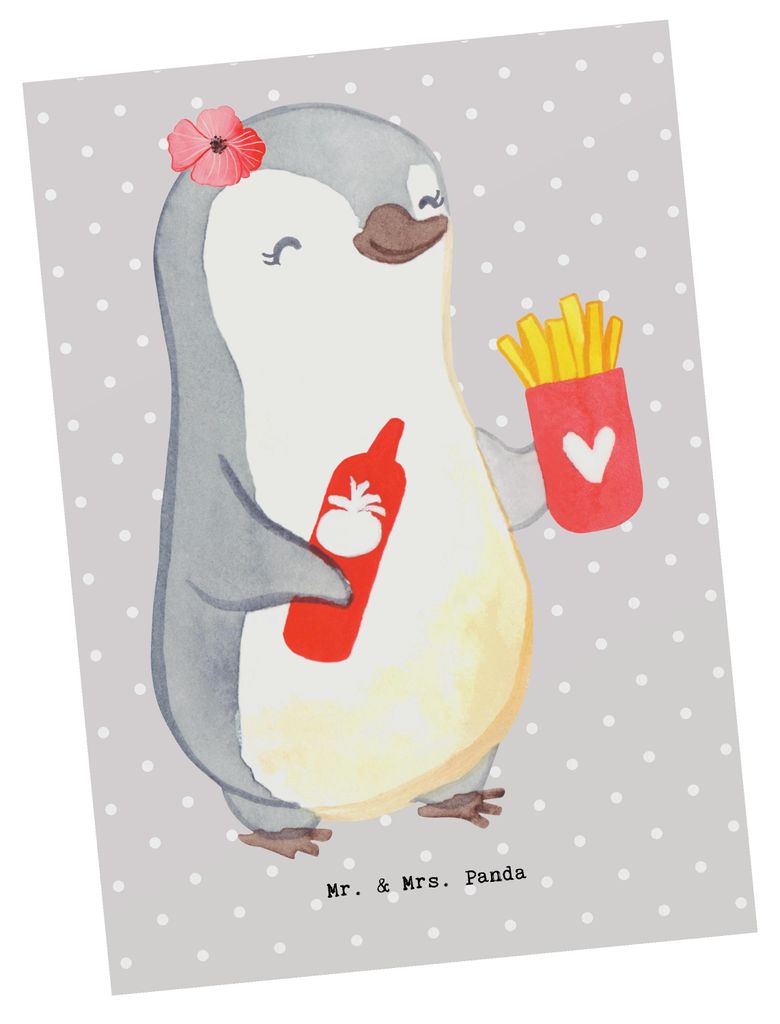 Mr. & Mrs. Panda Grußkarte Imbissverkäuferin Herz - Grau Pastell - Geschenk, Fotokarte, Pommes, einzelkarte, mit Ketchup, Pommesverkäuferin, Pos...