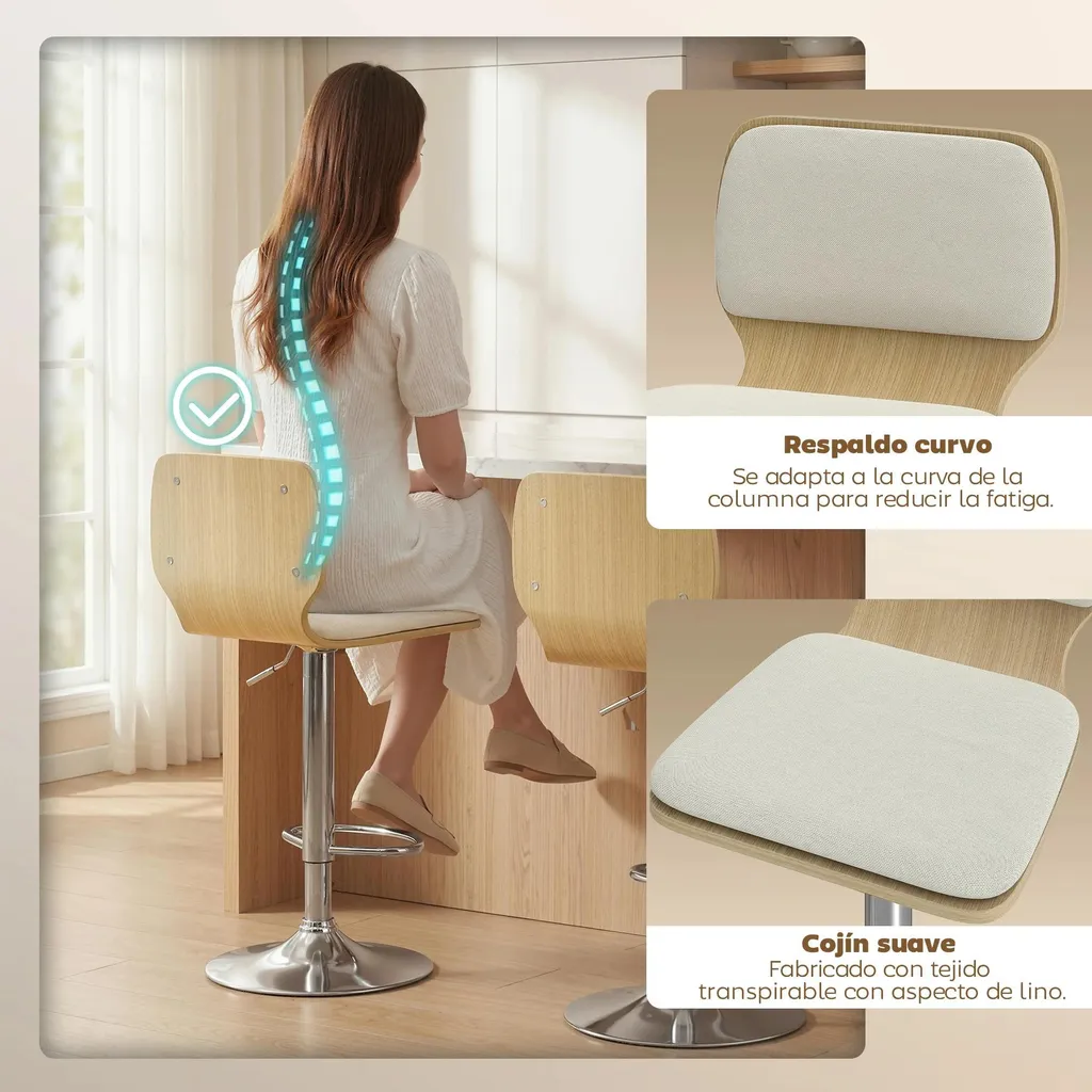 Tabourets de Bar Confortables en Lin avec Dossier et Base Stable Beige