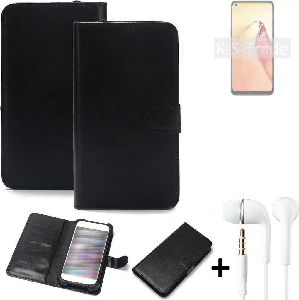 K-S-Trade Wallet Case Handyhülle kompatibel mit Oppo Reno8 Schutzhülle Flip cover Flipstyle Tasche Hülle Flipcover Slim Bumper schwarz + in ear