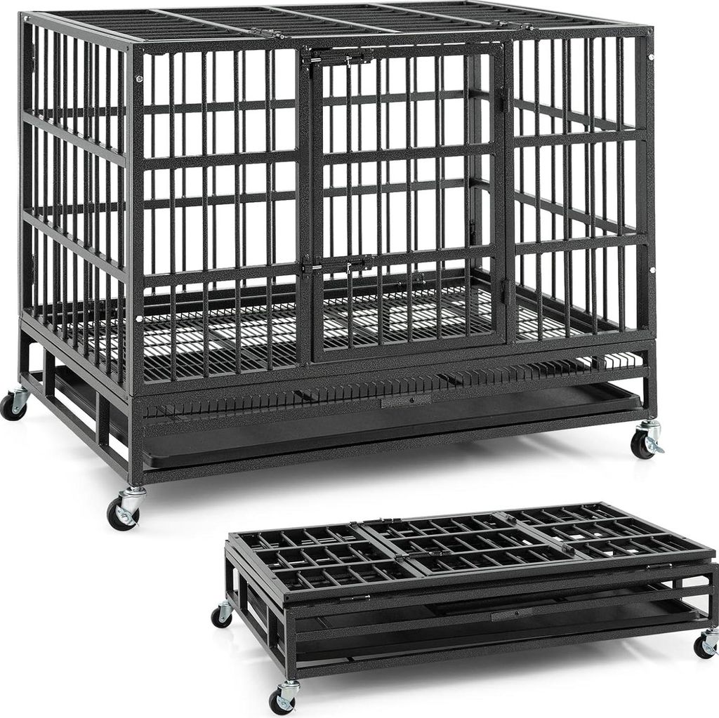 GOPLUS Hundekäfig klappbar, Hundebox aus Metall mit feststellbaren Rädern, Transportkäfig 96 x 65 x 77 cm, Schwarz