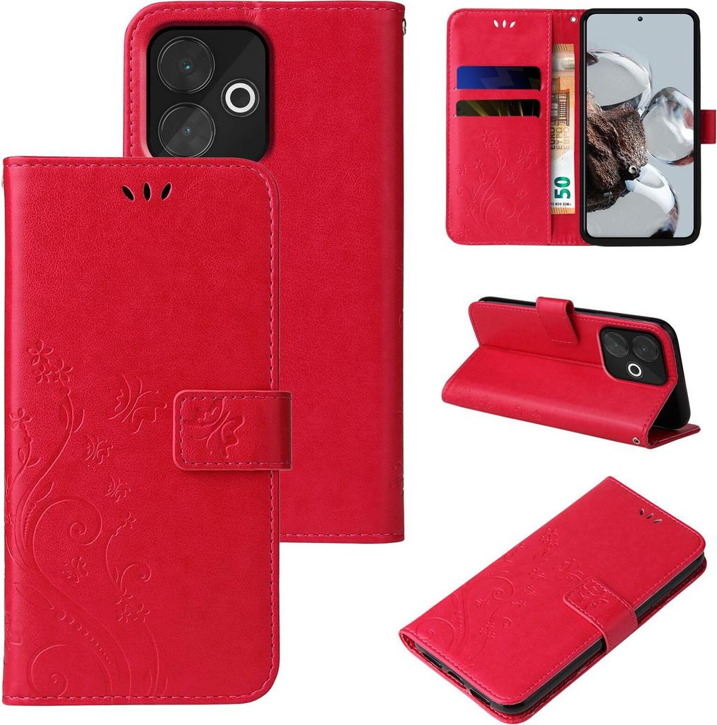 A collage of images showing a red floral flip phone case from different angles.