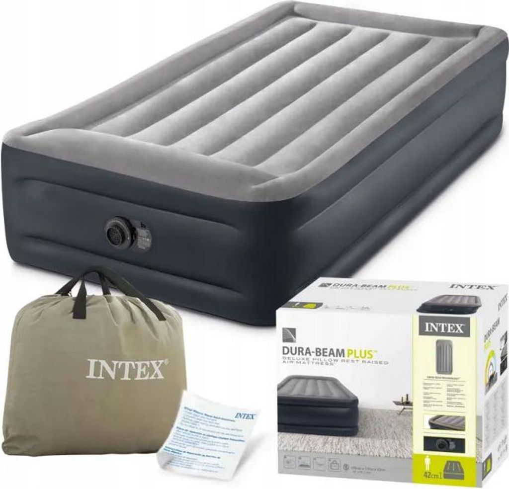 An inflatable air mattress, its storage bag, and its packaging are displayed together.