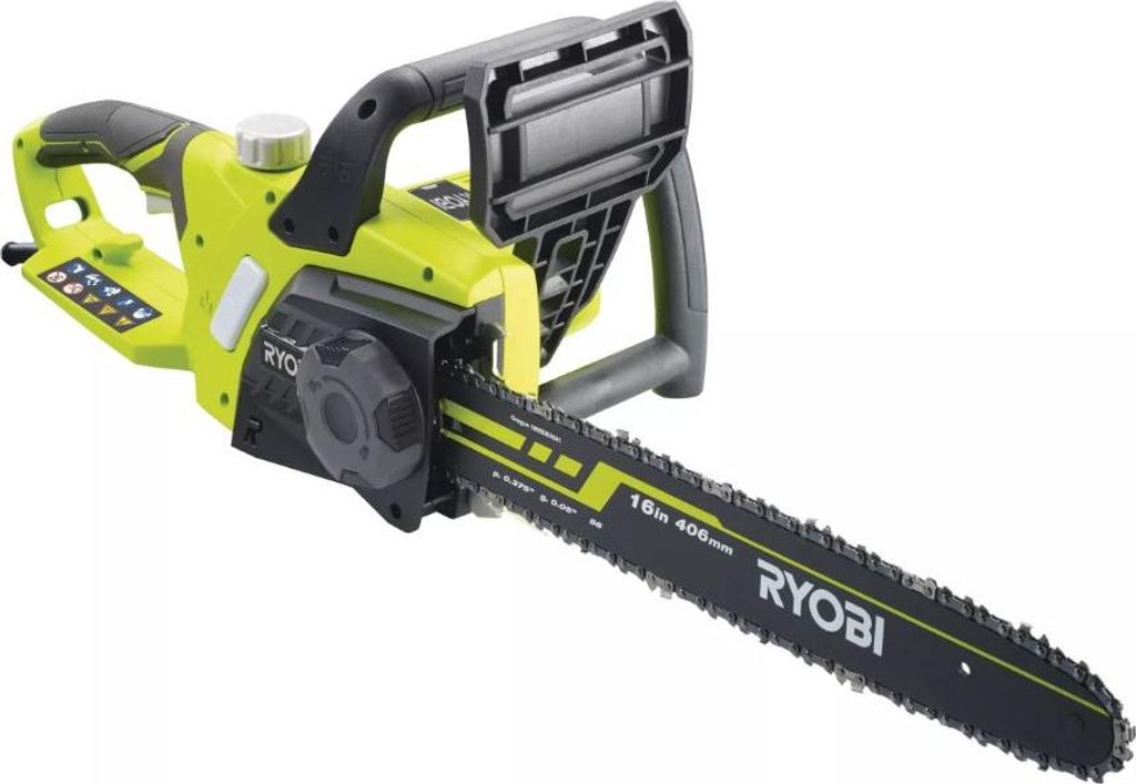A Ryobi electric chainsaw is shown against a white background.