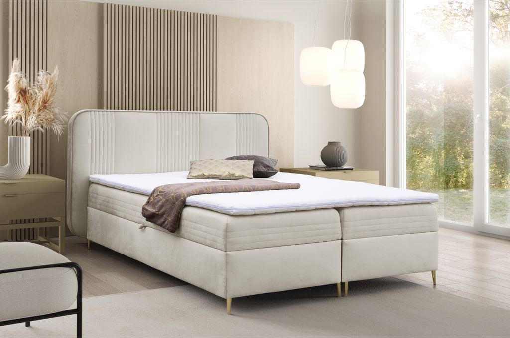 Boxspringbett GINA Doppelbett mit Bonellmatratze Topper und Bettkasten Bett Glamour Polsterbett mit abgerundetem Kopfteil Modern Schlafzimmer Vinta...