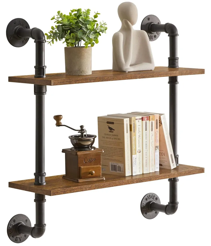 Étagère murale HD-HRF-TM004 suspendue 2 niveaux bois et métal 60 cm