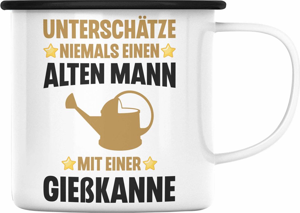 Trendation - Alter Mann Gärtner Emaille Tasse mit Spruch Garten Hobbygärtner Geschenk Lustig (Schwarz)