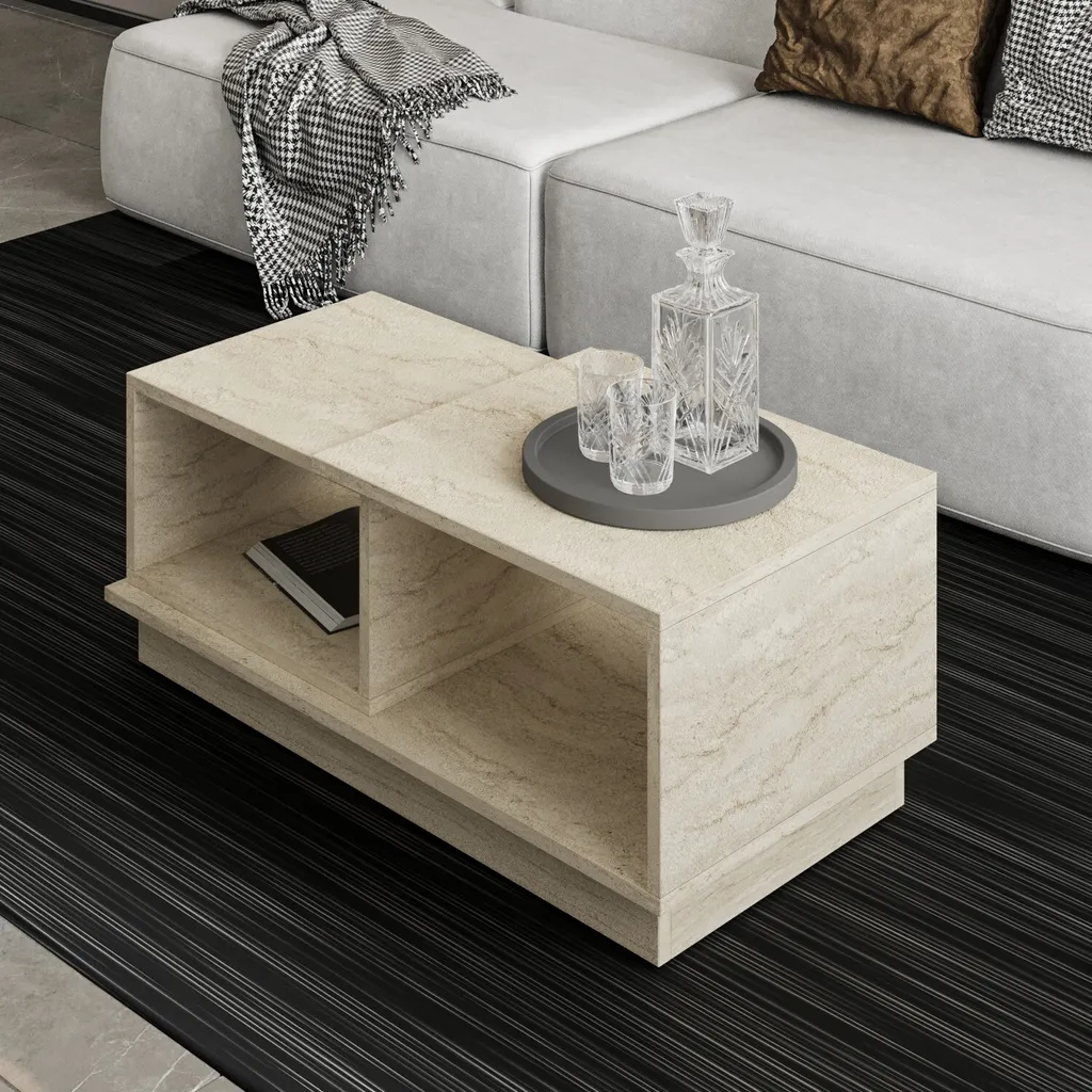 Table Basse Design pour Apéritif et Décoration Salon Travertin 90cm