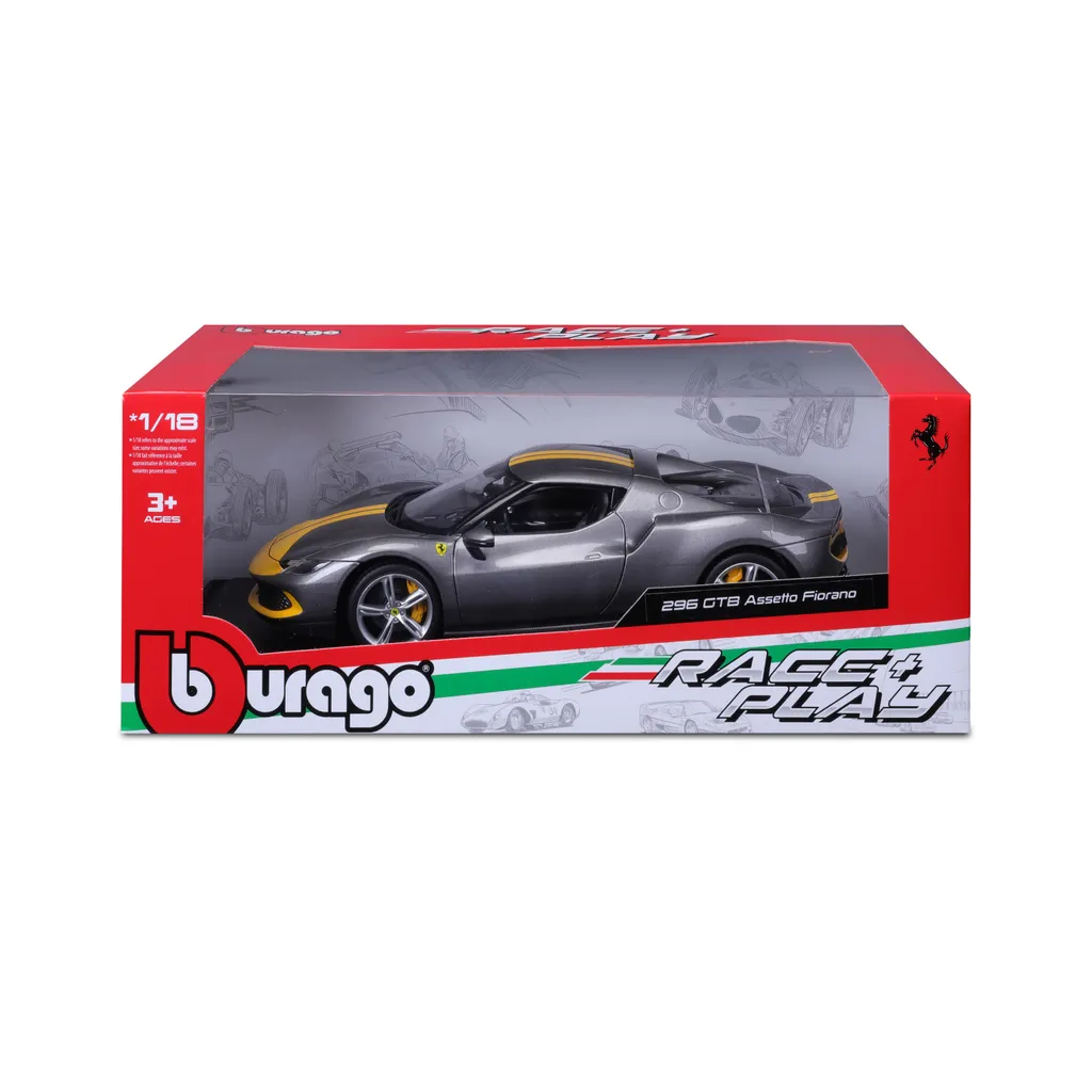 Ferrari 296 GTB Assetto Fiorano 1:18 Bburago miniature gris jaune