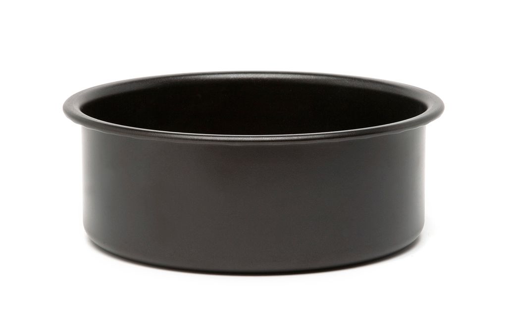 A black baking pan is shown against a white background.