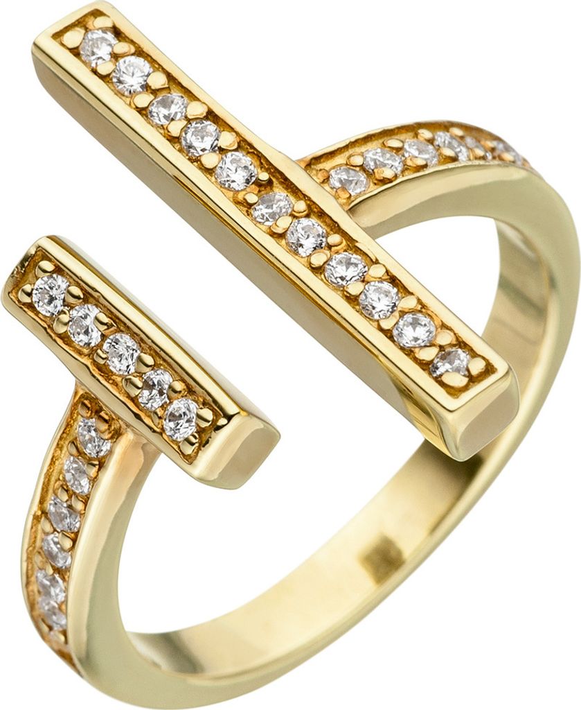 Ring 2 parallele Balken Stäbchen Zirkonia offen 925 Silber Gelbgold vergoldet Innenumfang 58mm Ø18.5mm