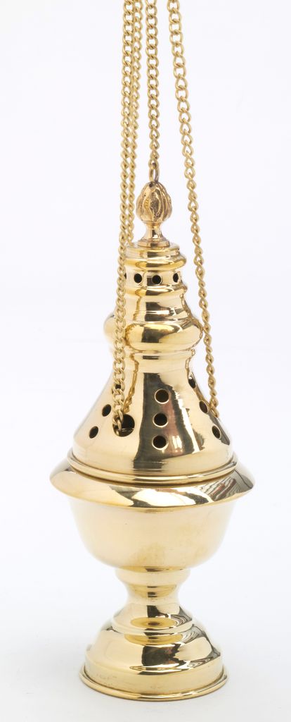 Weihrauchfass mit Kette zum Hängen aus Messing Gold poliert Höhe 24 cm mit Innenschale aus Stahl für die Räucherkohle