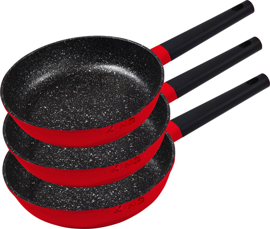 A stack of three frying pans with red exteriors and black speckled interiors, each with a black handle.