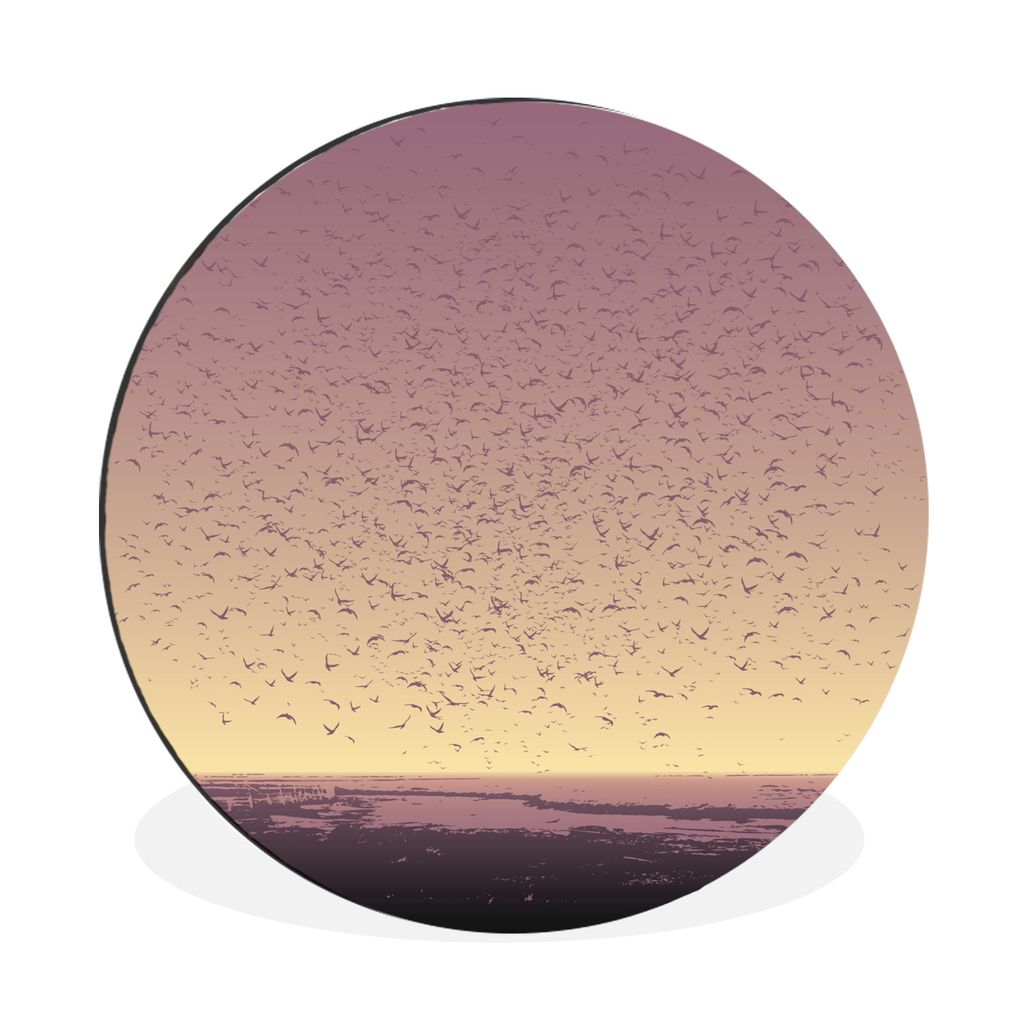 MuchoWow Aluminium Wandkreis Großer Vogelschwarm mit orangefarbenem Himmel Ø 90 cm Wanddeko Modern Wohnzimmer - Mauerkreis - Wandbilder - Runde...