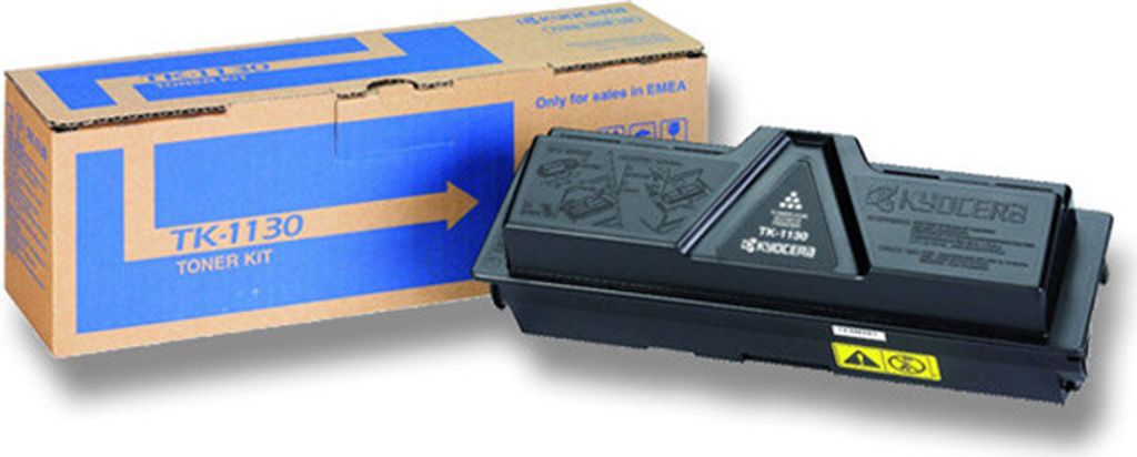 A Kyocera TK-1130 toner cartridge and its packaging are displayed against a white background.