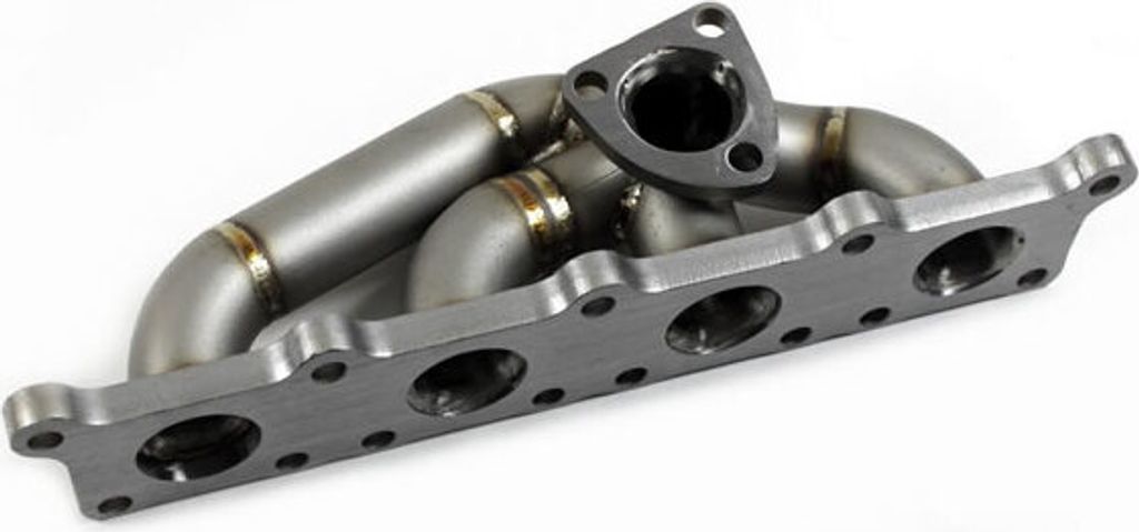 A metal exhaust manifold for a car, shown on a white background.