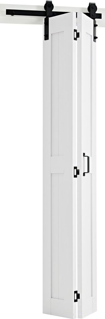 A white bi-fold sliding barn door is shown against a white background.