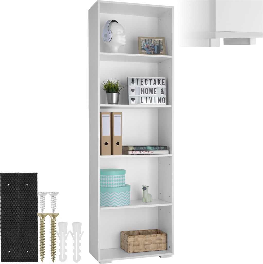 A tall, white bookshelf filled with decorative items and organizational tools.