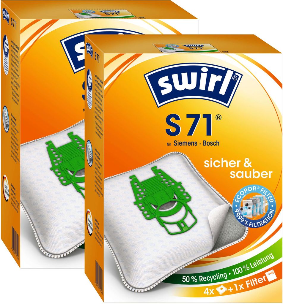 Two boxes of Swirl S71 vacuum cleaner bags are shown, with one box slightly in front of the other.