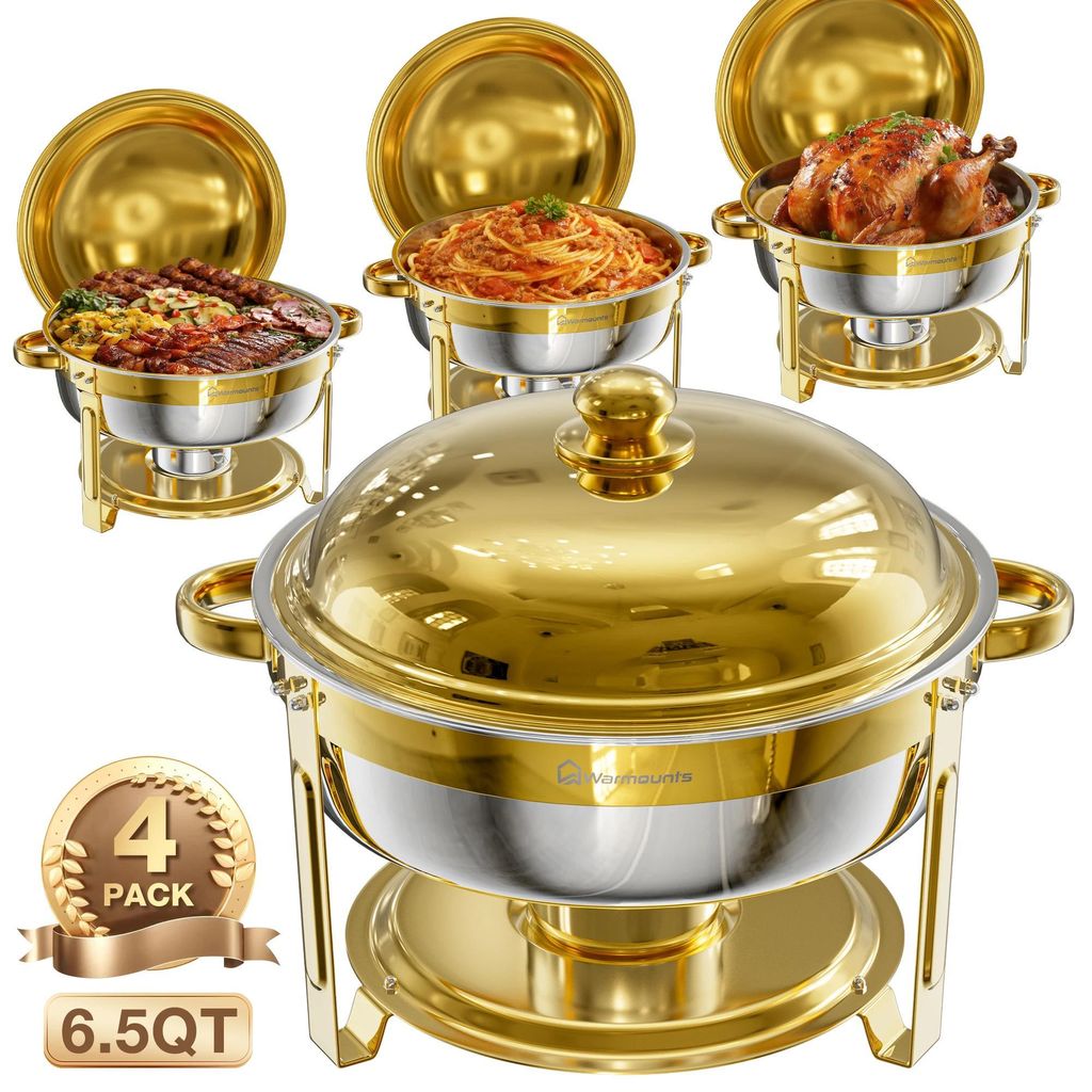 Buffet Warmhaltebehälter - Rundes Chafing Dish Set 6,2 l - Edelstahl - Wasserbad Speisenwärmer - Für Zuhause und Weihnachtsbuffet - 4er Set
