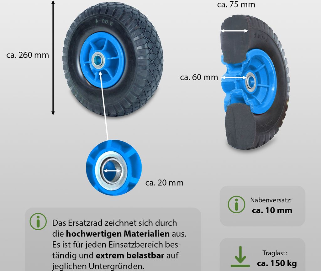 2x Sackkarrenrad Vollgummi 260x85 3.00-4 Nabenlänge 60 mm Produktbild 3