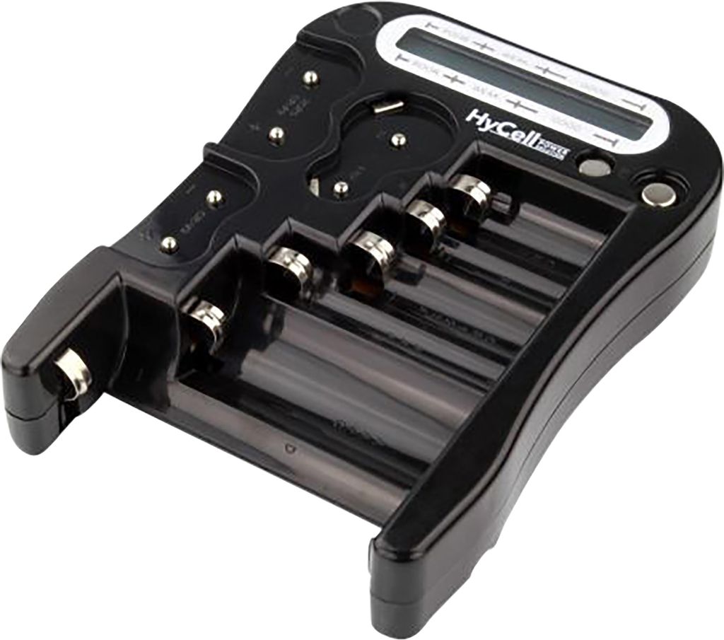 A black digital battery tester with multiple battery slots and a small LCD screen.