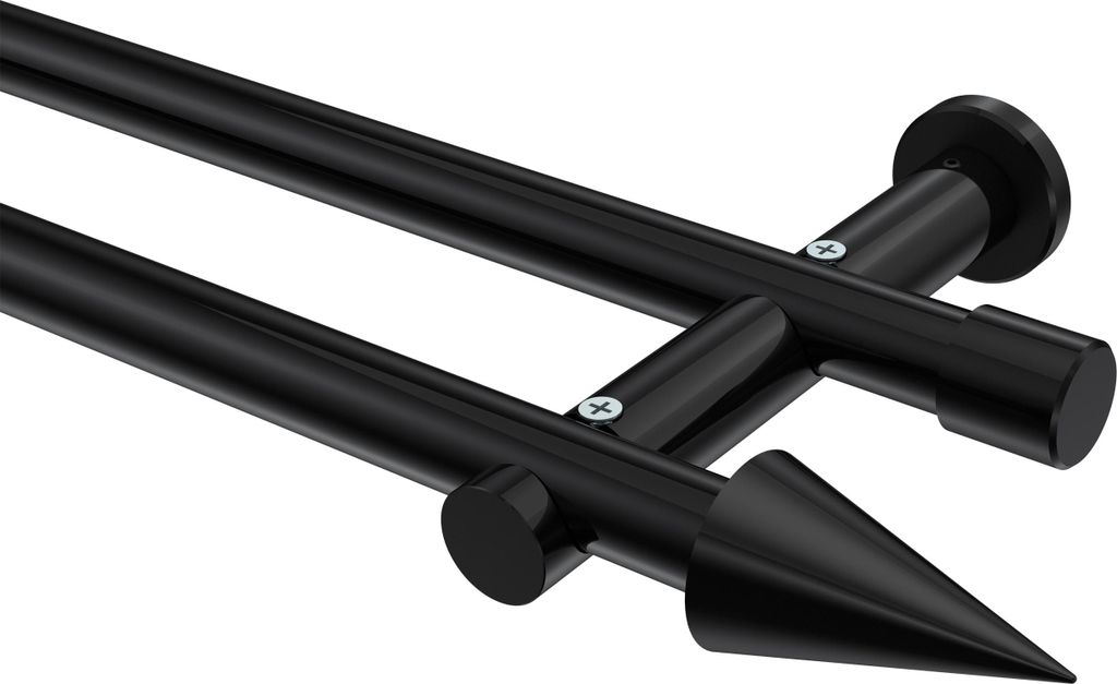 Interdeco Gardinenstange / Vorhangstange Schwarz, Typ Platon Savio (Kegel) ohne Ringe, 20 mm Ø 2-läufig, 140 cm