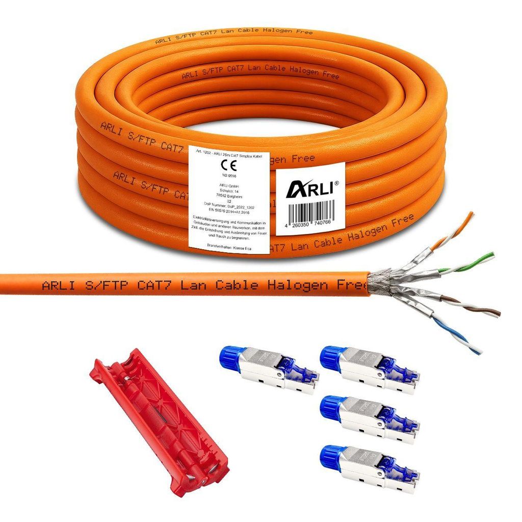ARLI Cat7 Verlegekabel 25 m S/FTP LSZH + 4x RJ45 Cat8.1 Stecker werkzeuglos + Abisoliermesser Ethernet Netzwerkkabel halogenfrei