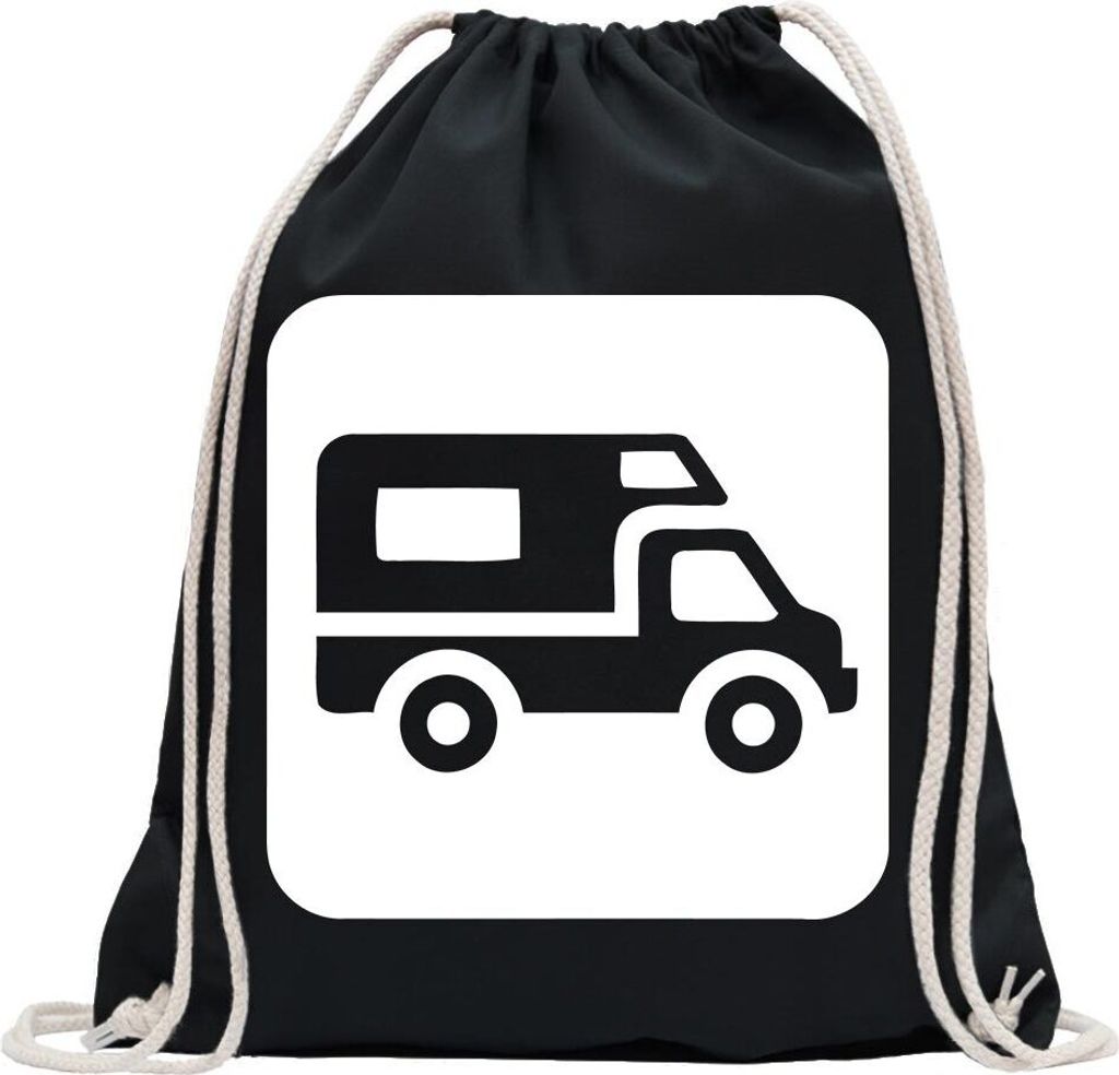 Kiwistar - Turnbeutel - schwarz - Wohnmobil Parkplatz Piktogramme - Fun Rucksack Sport Beutel Gymsack Baumwolle mit Ziehgurt