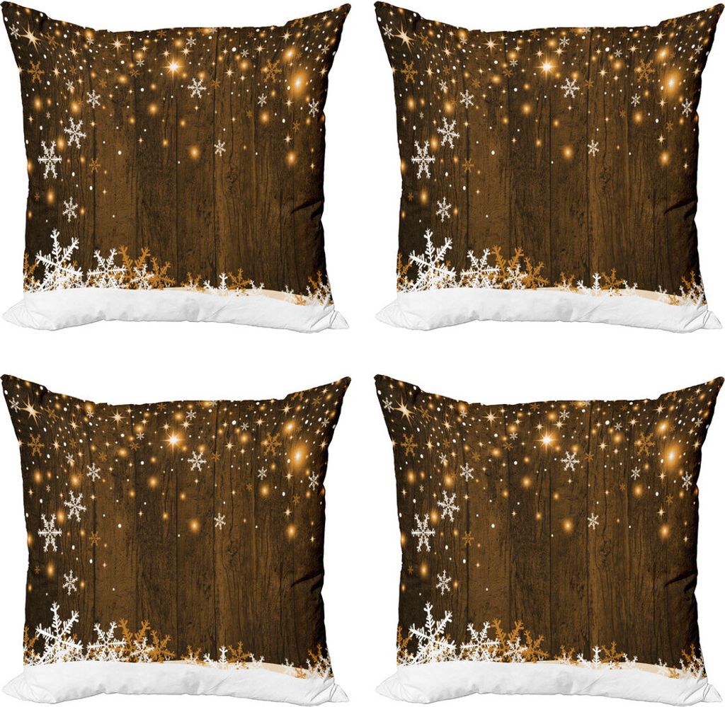 ABAKUHAUS Weihnachten Kissenbezug Set (4 Stück), Holz und Schneeflocken, Moderner Doppelseitiger Digitaldruck, 40 cm x 40 cm, Braun weiß
