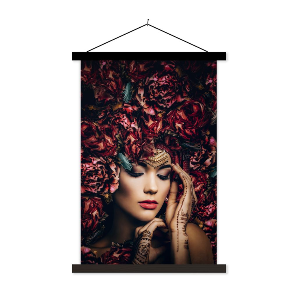 MuchoWow Textilposter Frau - Blumen - Henna - Porträt 60x90 cm mit schwarzem Rahmen - Poster Wohnzimmer