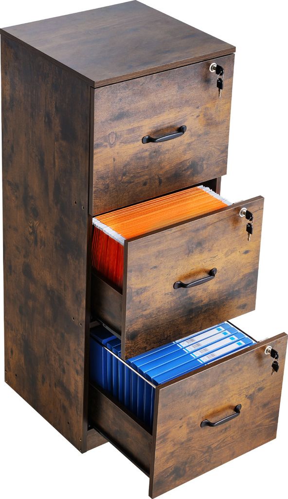 A three-drawer filing cabinet with a wood-grain finish, shown with the top two drawers slightly ajar, revealing files inside.