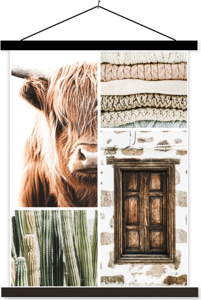 MuchoWow Textilposter Schottisches Hochlandrind - Pullover - Kaktus 90x120 cm mit schwarzem Rahmen - Dekoration