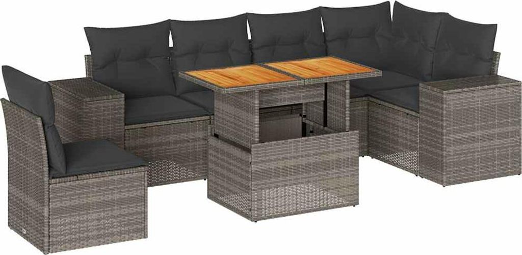 vidaXL 7-tlg. Garten-Sofagarnitur mit Kissen Grau Poly Rattan
