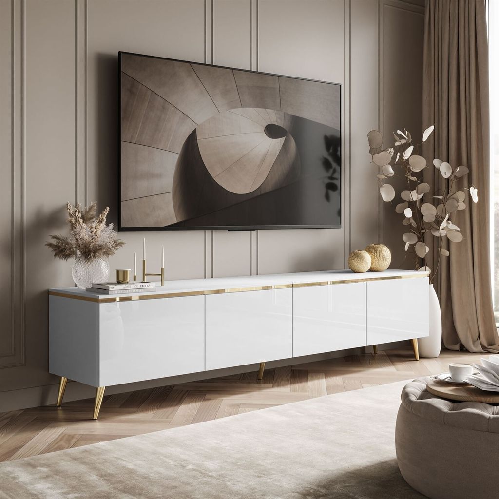 TV-Schrank CELINE GLOSS 200 cm auf schräge goldenen Füßen