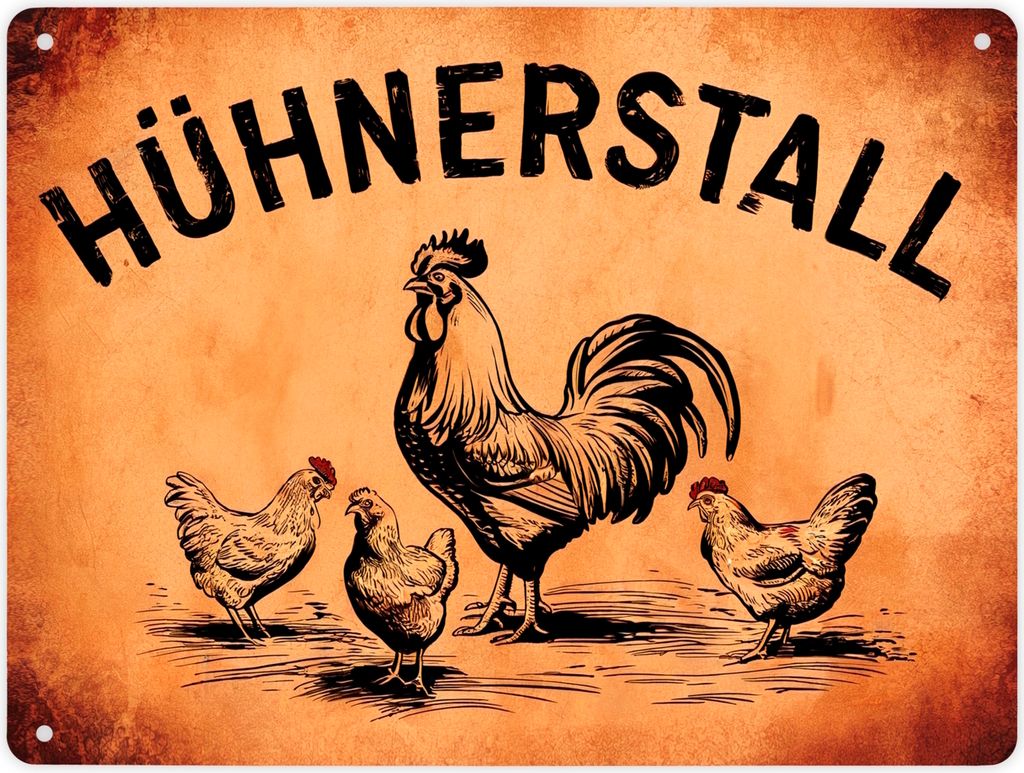 Hühnerstall Metallschild XL in 21x28 cm mit Hahn und Hennen Produktbild 