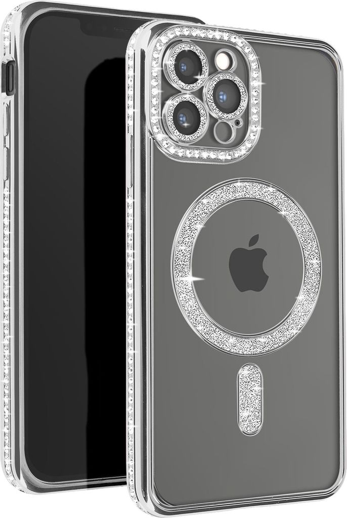 Avizar, Diamant-Hülle für iPhone 12 Pro Max – MagSafe-Schutz mit Strass-Rand, Silber