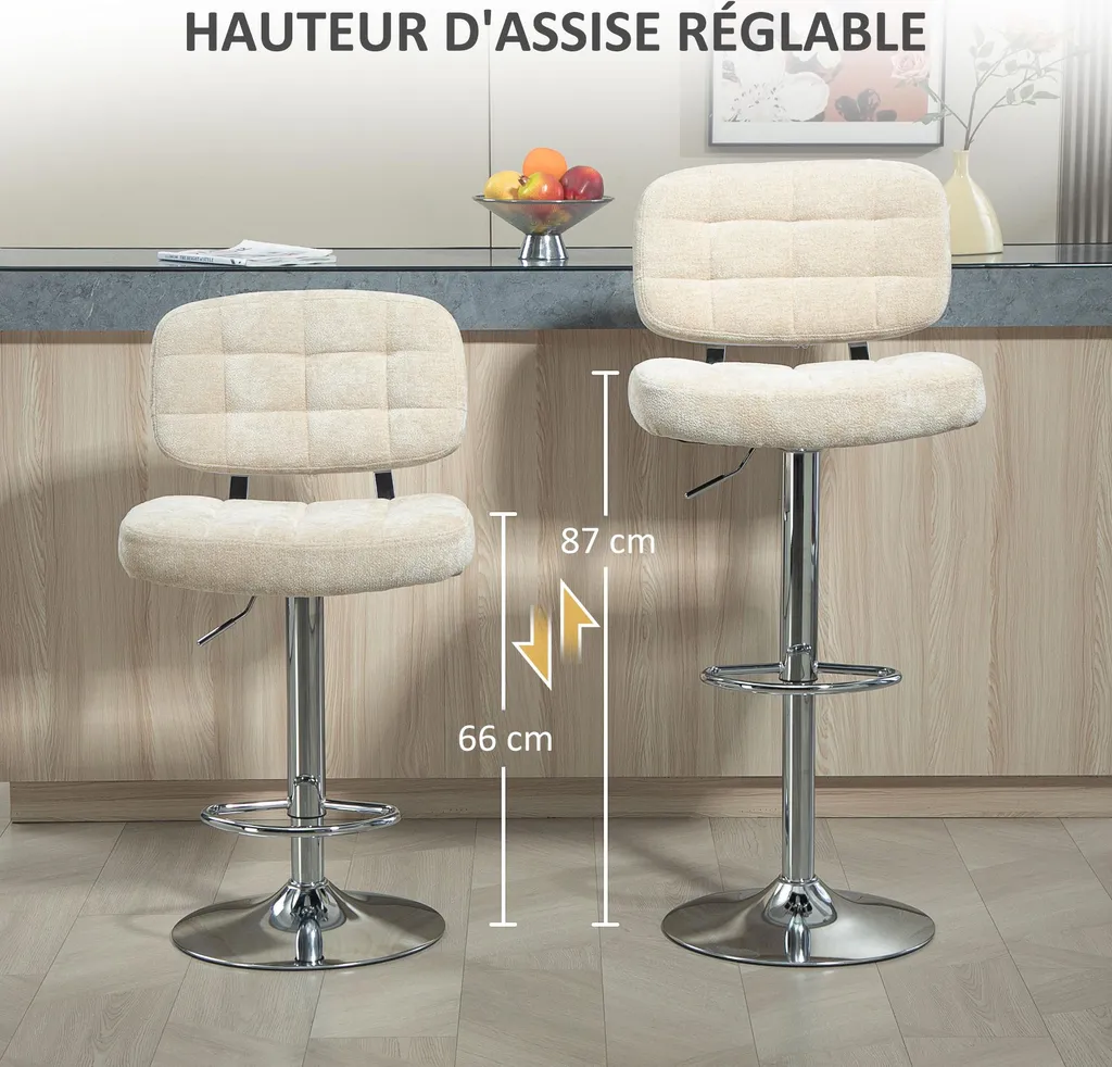 Tabouret de bar confortable réglable en hauteur dos soutenu beige - 4