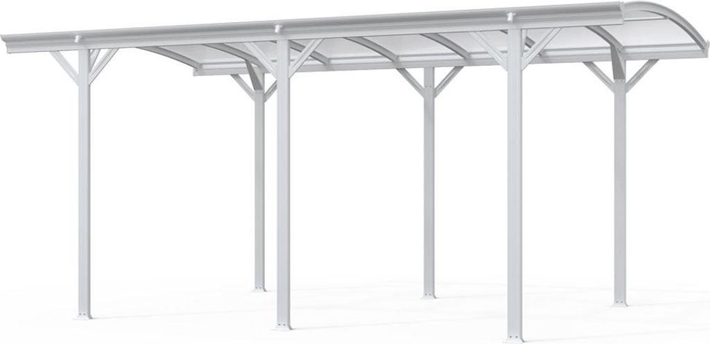A white carport structure with a clear roof, shown from a front-diagonal angle against a white background.