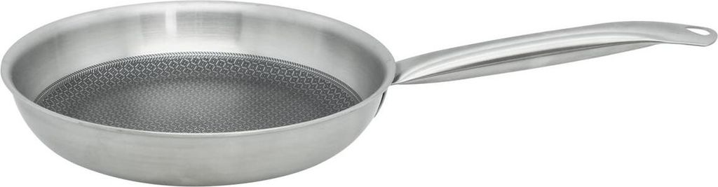 A silver frying pan with a textured interior is shown against a white background.