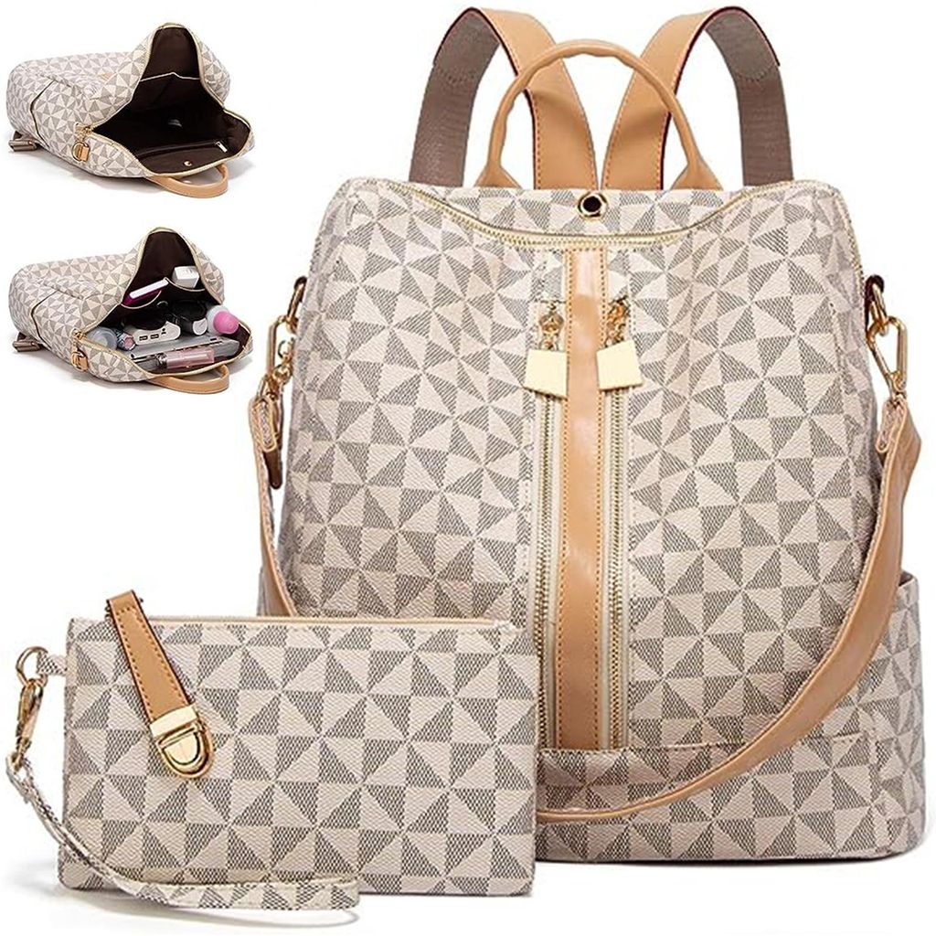 OKWISH Eleganter Damen Kunstleder Rucksack 2 Stück,Stilvolle Umhängetasche & Geldbörse,Wasserabweisend,Leicht & Vielseitig,Für Alltag,Reisen & ...