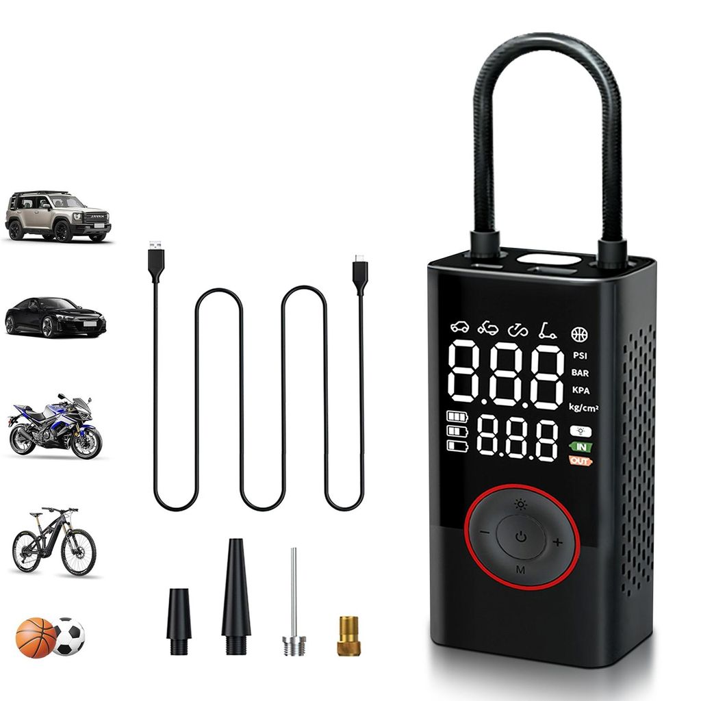 Akku-Luftpumpe Digitale Elektrische Luftpumpe mit Druckvoreinstellung Wiederaufladbar, Luftpumpe für E-bike, Auto, Fahrrad, Motorrad, Bälle