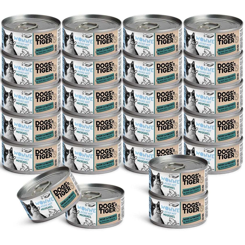Dogs’n Tiger Adult, Premium Katzenfutter, Wonne, Nassfutter, Getreidefrei, Lachs & Muscheln, 24x 70g