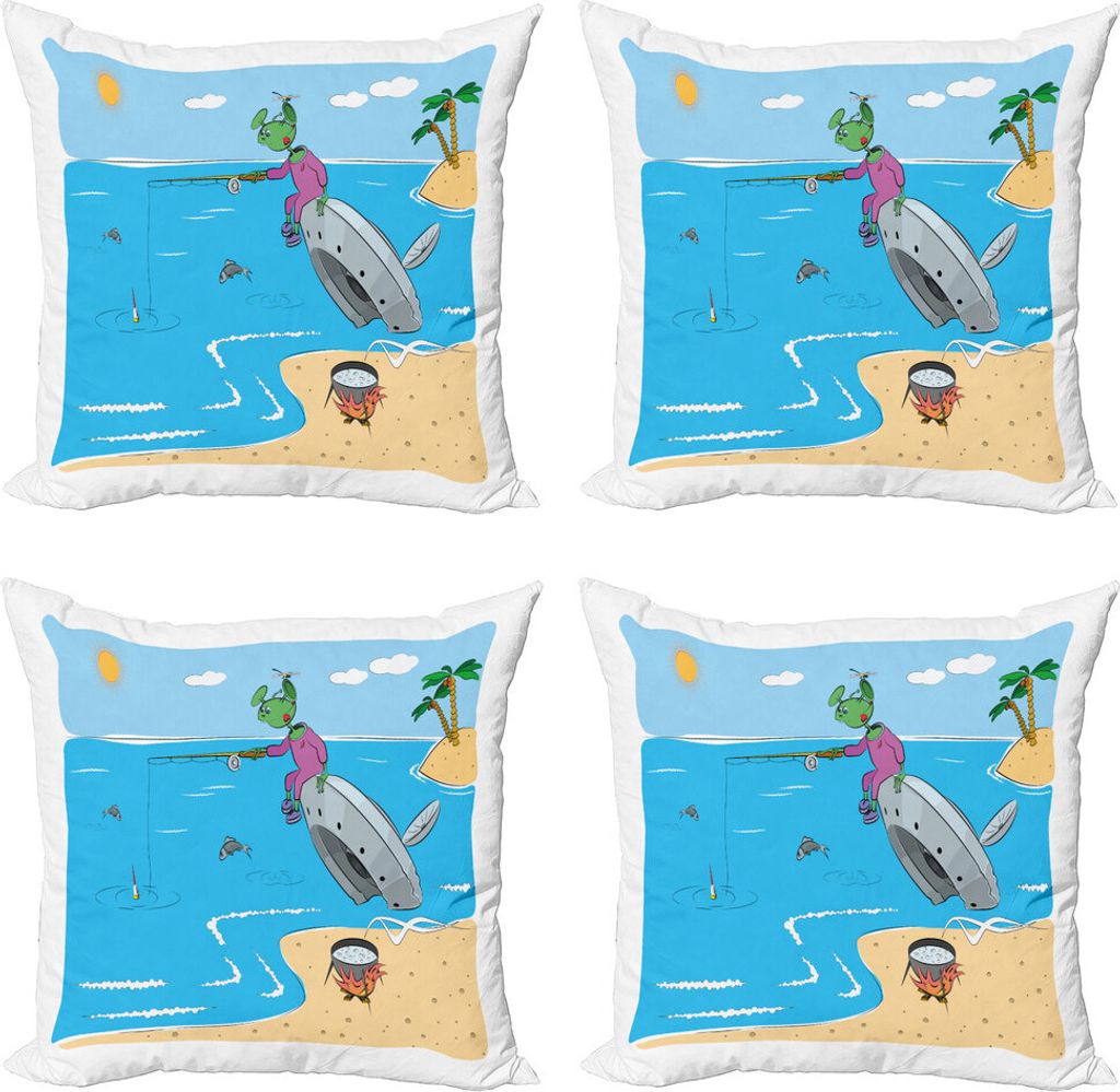 ABAKUHAUS Außerirdischer Kissenbezug Set (4 Stück), Monster Fischen im Meer, Moderner Doppelseitiger Digitaldruck, 60 cm x 60 cm, Himmelblau und ...