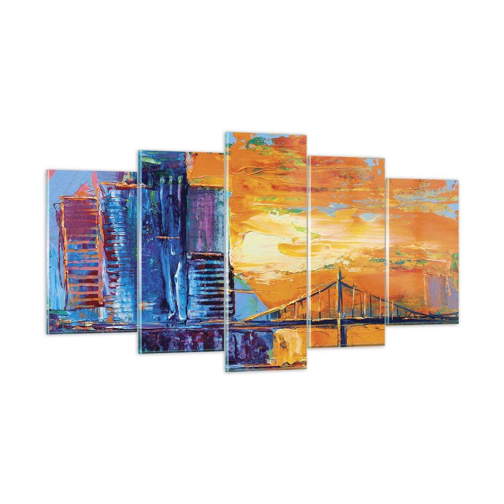 Bilder auf glas - 5 Teile - Stadt Brücke pastos - 160x85cm - Glasbilder - Wandbilder - Bilder - zum Aufhängen bereit - Wanddekoration aus Glas - ...