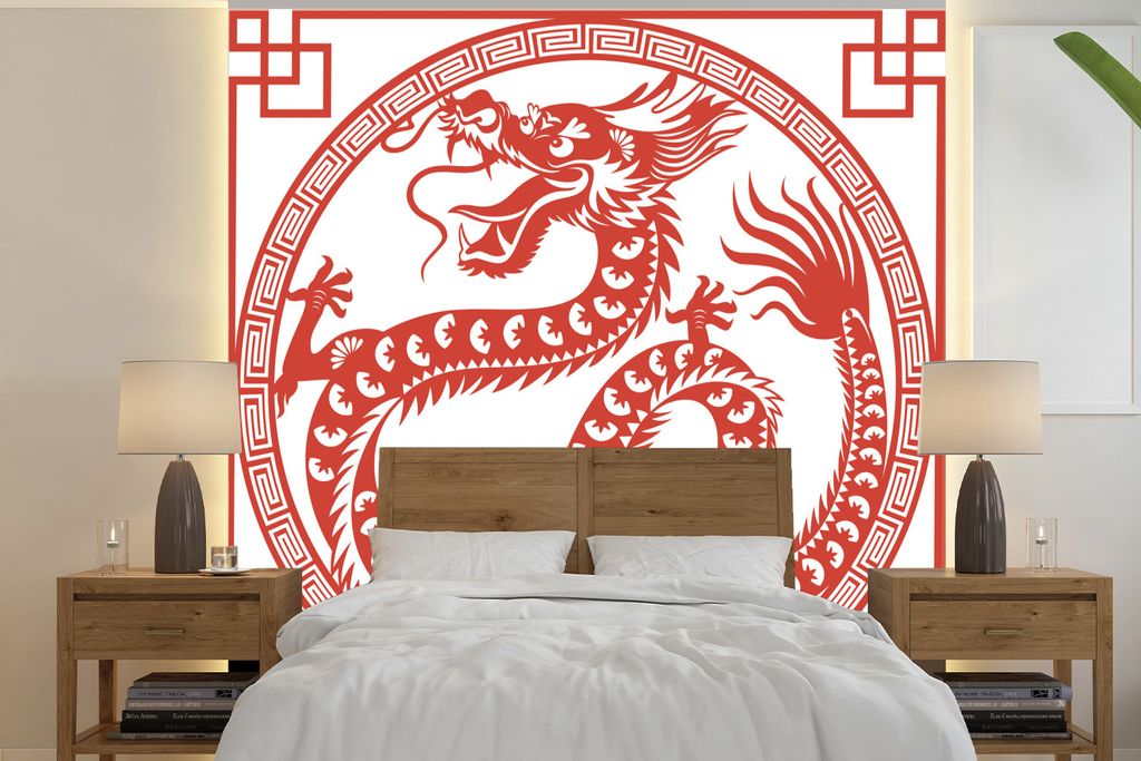 MuchoWow Fototapete für Wohnzimmer oder Schlafzimmer Wandtapete Vinyl Motivtapete Scherenschnittkunst Chinesischer Drache - 350x350 cm - Schlafz...