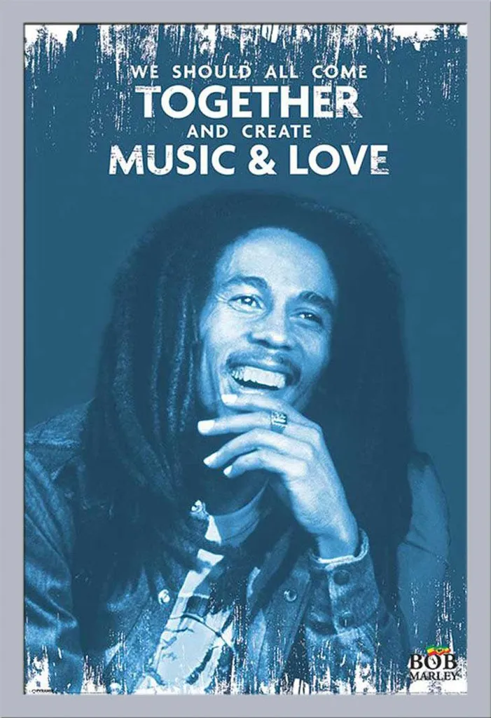 Cadre argenté avec poster Bob Marley Music & Love et vitre acrylique